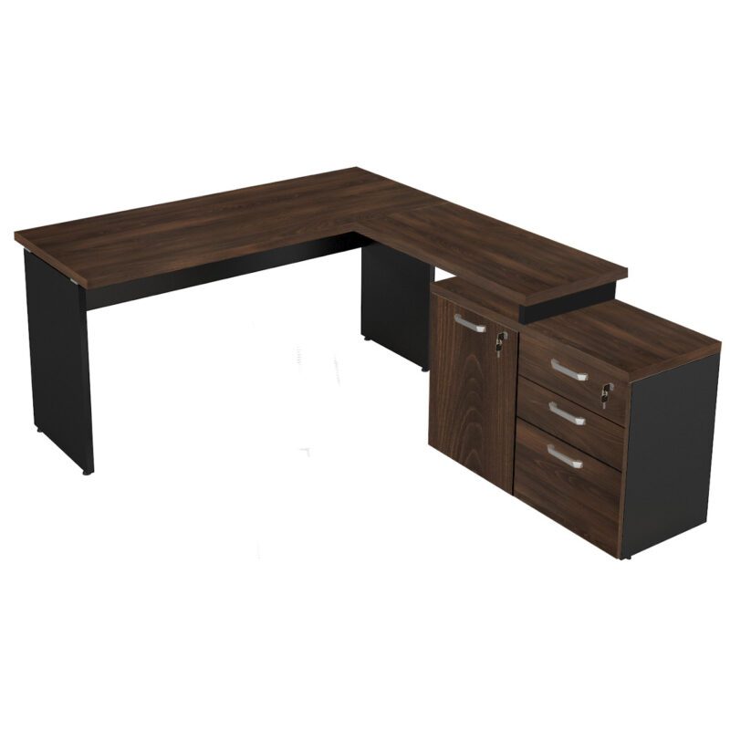 Mesa Escritório em “L” – 1,50×1,50m (Extensível) – com Armário Misto (03 Gav.) MARSALA/PRETO – 23482 GSA MÓVEIS 2