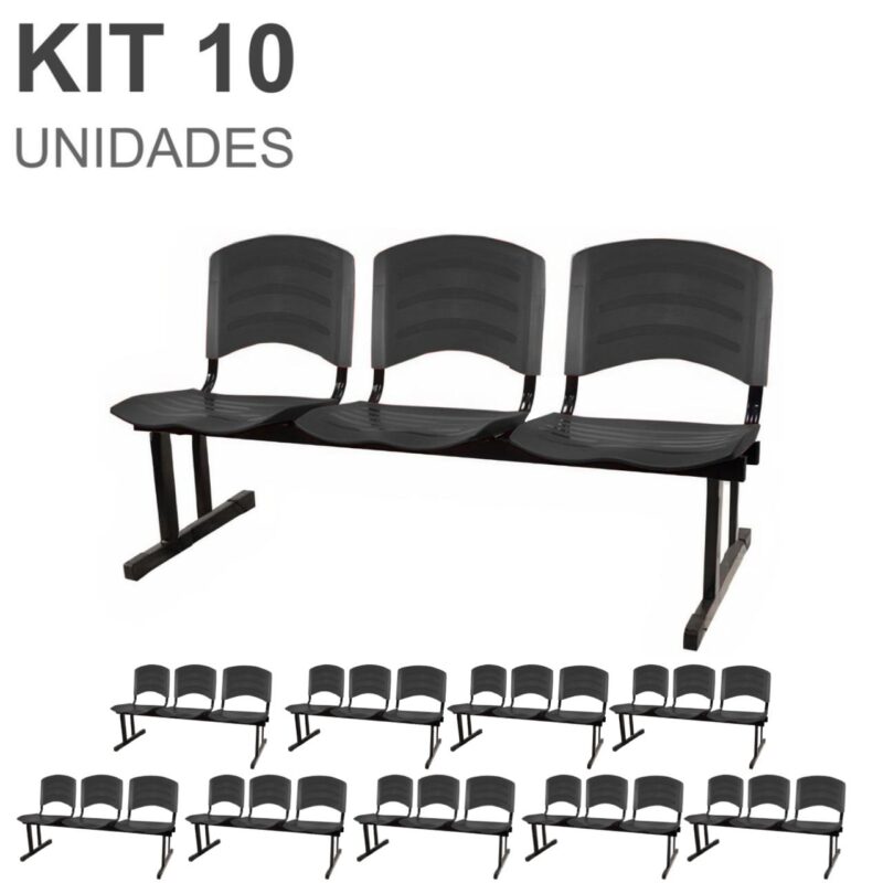 Kit 10 Cadeiras Longarinas PLÁSTICA 03 Lugares – Cor PRETO 33039 GSA MÓVEIS 2