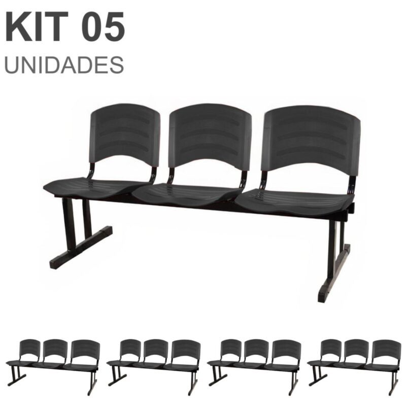 Kit 05 Cadeiras Longarinas PLÁSTICA 03 Lugares – Cor PRETO 33034 GSA MÓVEIS 2