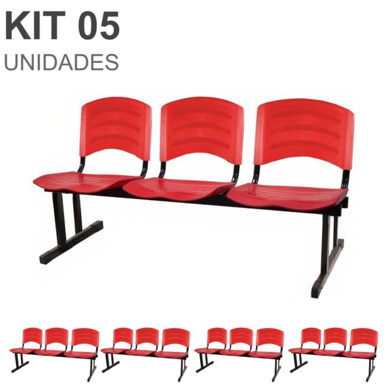 Kit 05 Cadeiras Longarinas PLÁSTICAS 03 Lugares – Cor Vermelho 33043 GSA MÓVEIS 2