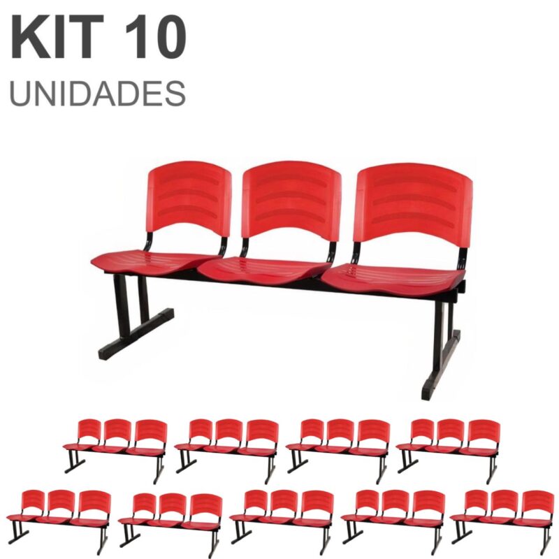 Kit 10 Cadeiras Longarinas PLÁSTICAS 03 Lugares – Cor Vermelho 33048 GSA MÓVEIS 2