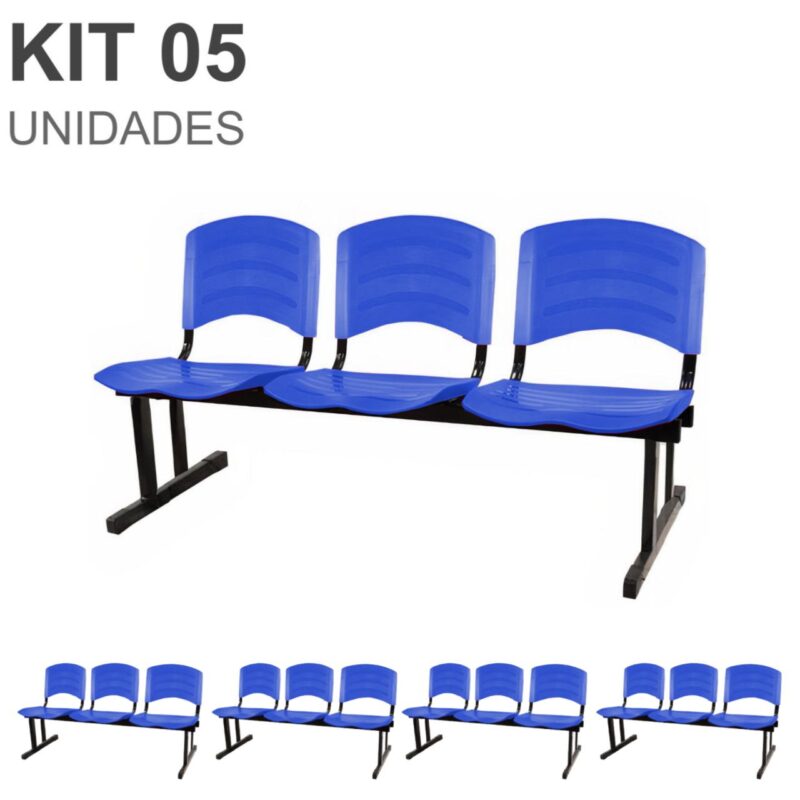 Kit 05 Cadeiras Longarinas PLÁSTICAS 03 Lugares – Cor Azul 33052 GSA MÓVEIS 2