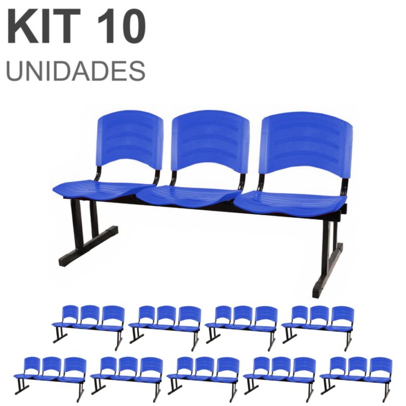 Kit 10 Cadeiras Longarinas PLÁSTICAS 03 Lugares – Cor Azul 33057 GSA MÓVEIS 2