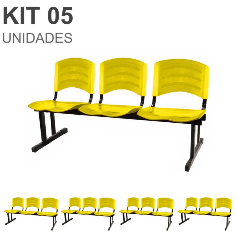 Kit 05 Cadeiras Longarinas PLÁSTICAS 03 Lugares – Cor Amarelo 33080 GSA MÓVEIS 2