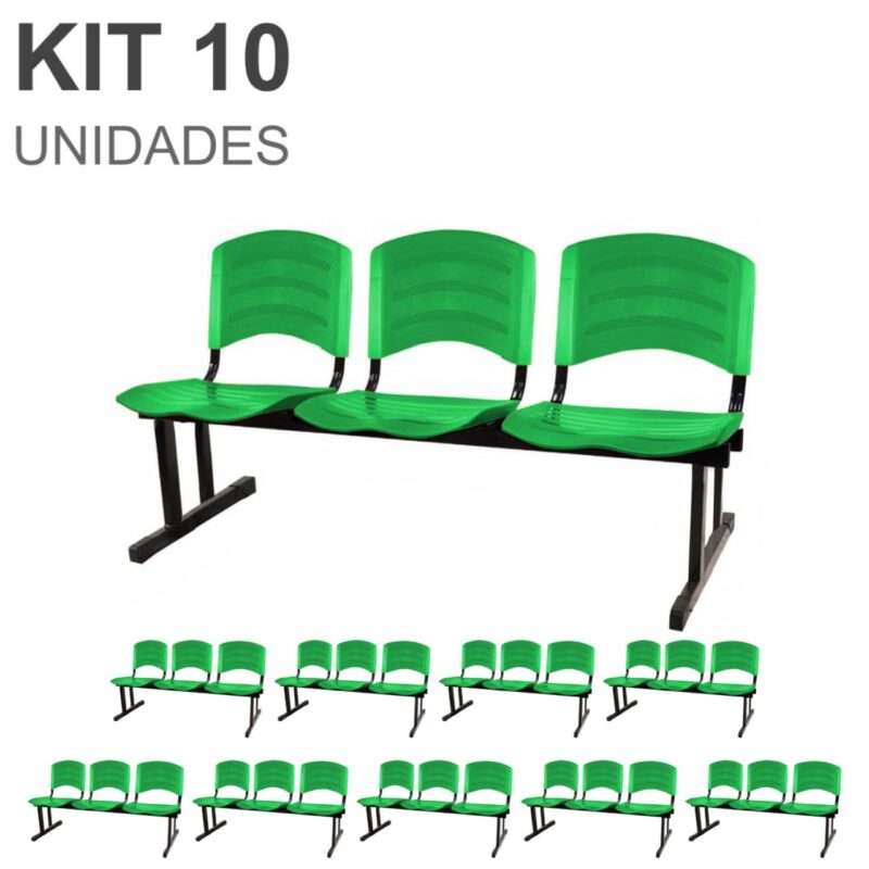 Kit 10 Cadeiras Longarinas PLÁSTICAS 03 Lugares – Cor Verde 33066 GSA MÓVEIS 2