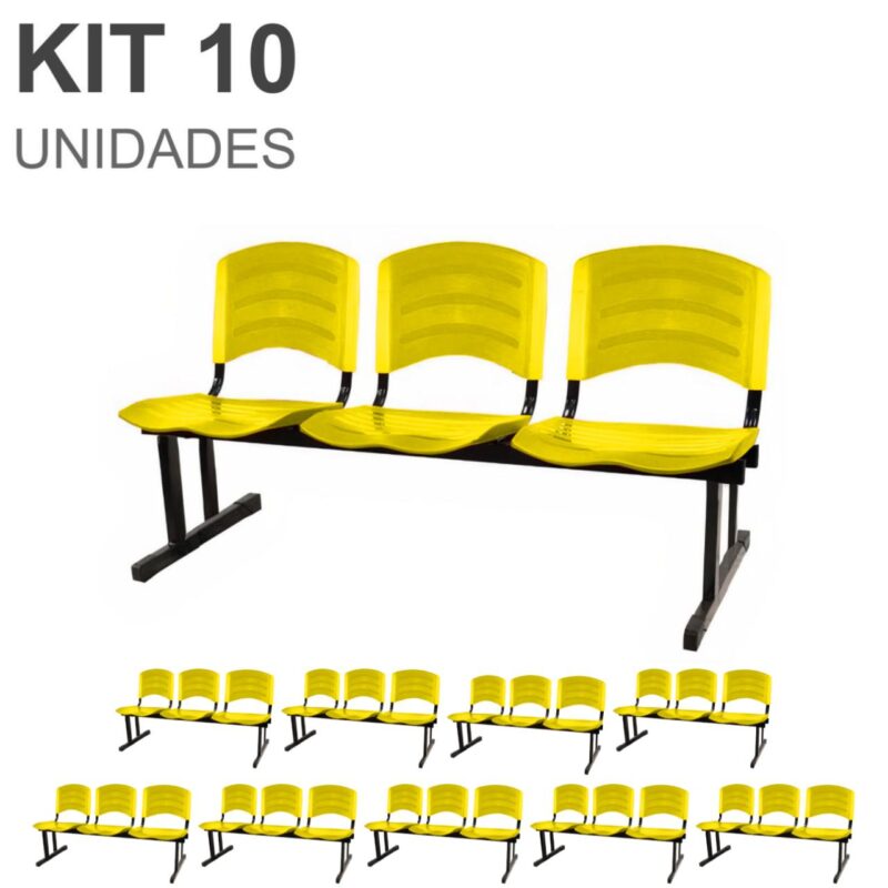 Kit 10 Cadeiras Longarinas PLÁSTICAS 03 Lugares – Cor Amarelo 33085 GSA MÓVEIS 2