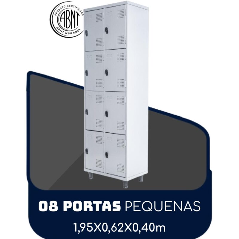 Armário Roupeiro de Aço c/ 08 Portas PEQUENAS 1,95×0,62×0,40m – SA – Cinza – 14002 GSA MÓVEIS 2