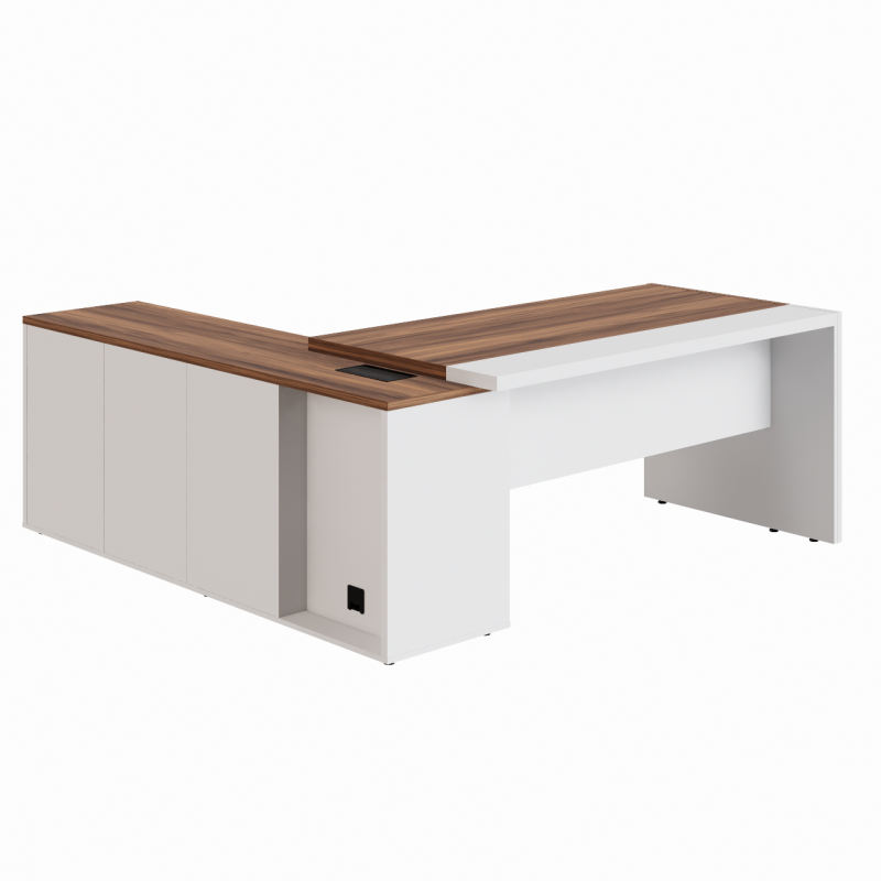 Mesa Escritório PRESIDENTE c/ Armário Pedestal – 1,82×1,80m – NOGAL SEVILHA/BRANCO – 34602 GSA MÓVEIS 2