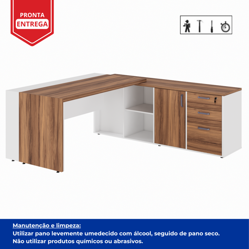 Mesa Escritório PRESIDENTE c/ Armário Pedestal – 1,82×1,80m – NOGAL SEVILHA/BRANCO – 34602 GSA MÓVEIS 4