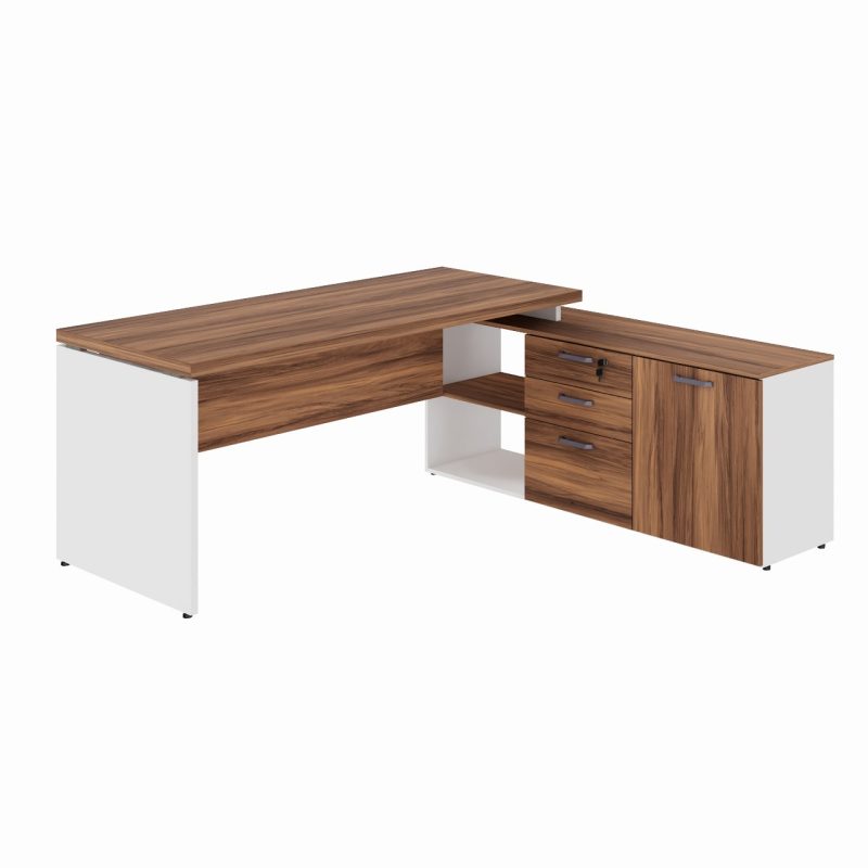 Mesa Diretorzinha c/ Aparador – Pé de MADEIRA – 1,90×1,50m – NOGAL SEVILHA / BRANCO – 34426 GSA MÓVEIS 3