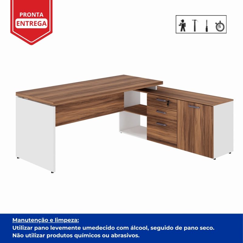Mesa Diretorzinha c/ Aparador – Pé de MADEIRA – 1,90×1,50m – NOGAL SEVILHA / BRANCO – 34426 GSA MÓVEIS 9