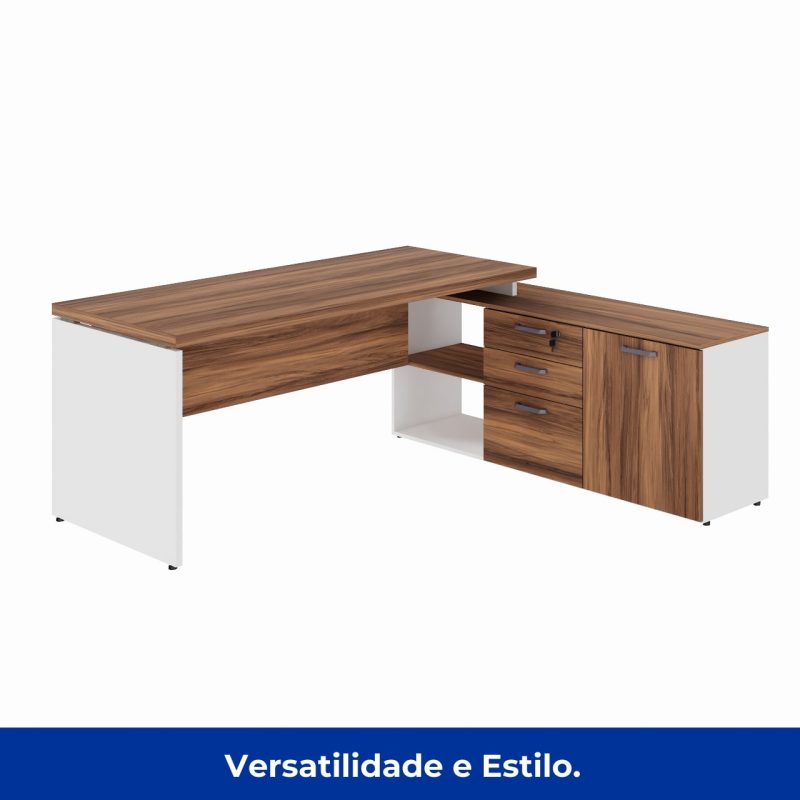 Mesa Diretorzinha c/ Aparador – Pé de MADEIRA – 1,90×1,50m – NOGAL SEVILHA / BRANCO – 34426 GSA MÓVEIS 4