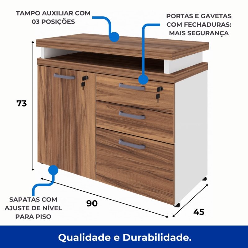 Armário Baixo 03 Gavetas e Porta (MISTO) – NOGAL SEVILHA/BRANCO – 34422 GSA MÓVEIS 9