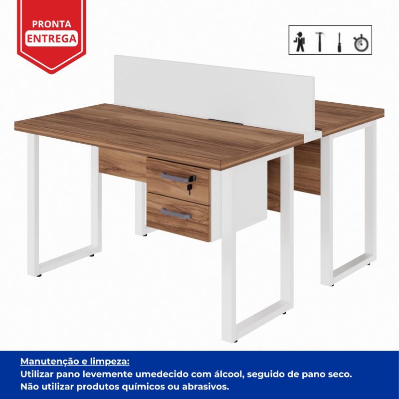 Estação de Trabalho Dupla 1,20×1,35m c/ 02 Gavetas c/ ponto de tomada PÉ QUADRO – Cor Nogal Sevilha/Branco – 34423 GSA MÓVEIS 8