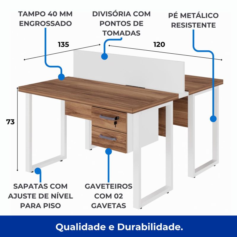 Estação de Trabalho Dupla 1,20×1,35m c/ 02 Gavetas c/ ponto de tomada PÉ QUADRO – Cor Nogal Sevilha/Branco – 34423 GSA MÓVEIS 7