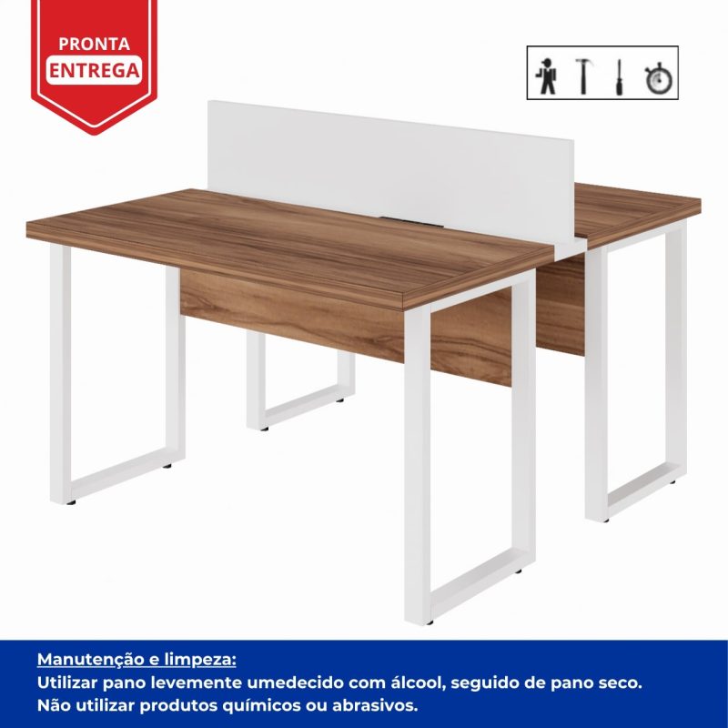 Estação de Trabalho Dupla 1,20×1,35m sem Gavetas c/ ponto de tomada PÉ QUADRO – Cor Nogal Sevilha/Branco – 34424 GSA MÓVEIS 6