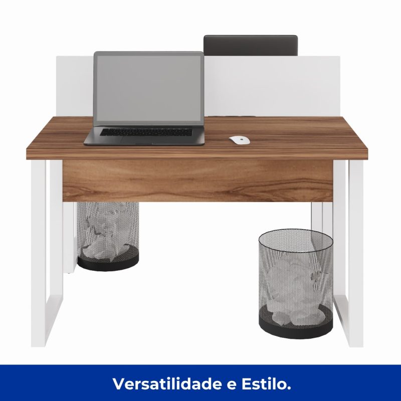 Estação de Trabalho Dupla 1,20×1,35m sem Gavetas c/ ponto de tomada PÉ QUADRO – Cor Nogal Sevilha/Branco – 34424 GSA MÓVEIS 8