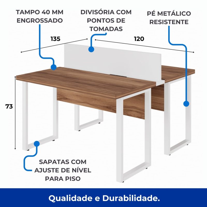 Estação de Trabalho Dupla 1,20×1,35m sem Gavetas c/ ponto de tomada PÉ QUADRO – Cor Nogal Sevilha/Branco – 34424 GSA MÓVEIS 4