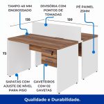 Estação de Trabalho Dupla 1,20×1,35m 02 Lugares c/ Gavetas c/ ponto de tomada PÉ PAINEL – Nogal Sevilha/Branco – 34427 GSA MÓVEIS 19