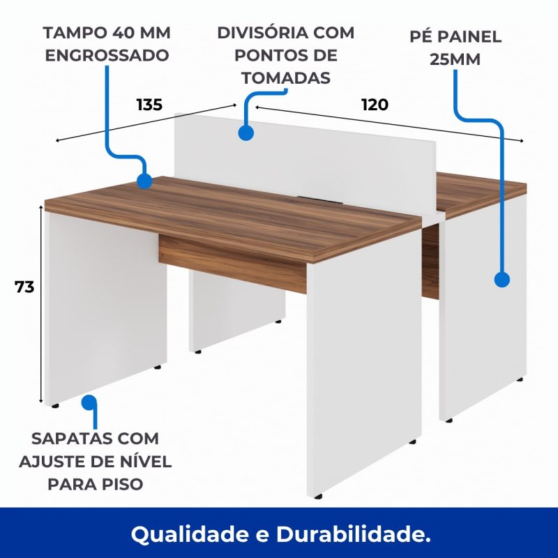 Estação de Trabalho Dupla 1,20×1,35m 02 Lugares sem Gavetas c/ ponto de tomada PÉ PAINEL – Nogal Sevilha/Branco – 34428 GSA MÓVEIS 9