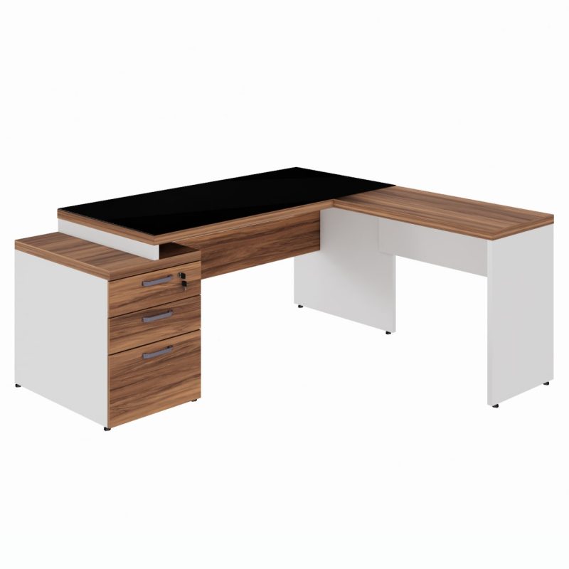 Mesa para Escritório em “L” com VIDRO FUMÊ – 1,92X1,60M NOGAL SEVILHA/BRANCO – 34432 GSA MÓVEIS 2