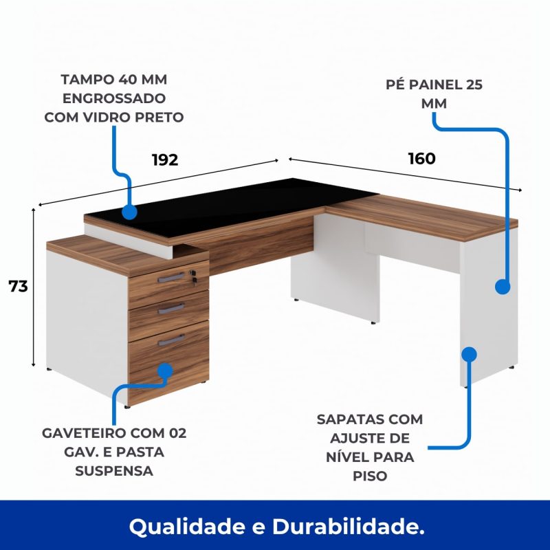 Mesa para Escritório em “L” com VIDRO FUMÊ – 1,92X1,60M NOGAL SEVILHA/BRANCO – 34432 GSA MÓVEIS 3