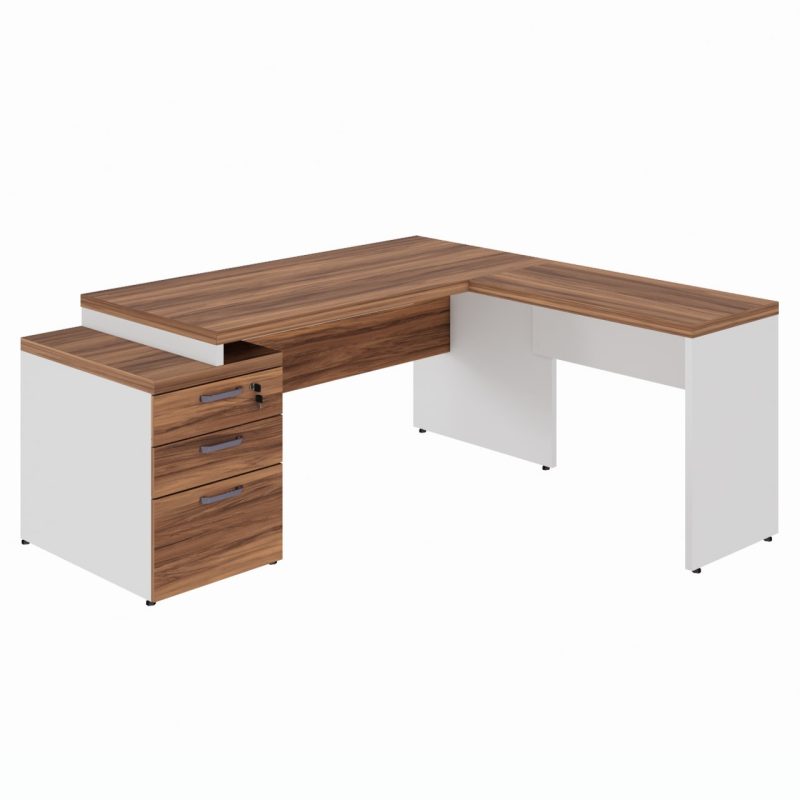 Mesa para Escritório em “L” com Gavetão – 1,92X1,60m -NOGAL SEVILHA/BRANCO – 34431 GSA MÓVEIS 2