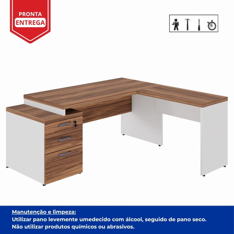 Mesa para Escritório em “L” com Gavetão – 1,92X1,60m -NOGAL SEVILHA/BRANCO – 34431 GSA MÓVEIS 4