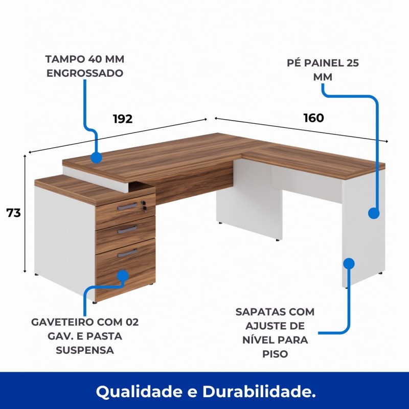 Mesa para Escritório em “L” com Gavetão – 1,92X1,60m -NOGAL SEVILHA/BRANCO – 34431 GSA MÓVEIS 3