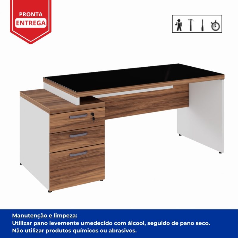 Mesa para Escritório com VIDRO FUMÊ – 1,92×0,70m – NOGAL SEVILHA/BRANCO – 34430 GSA MÓVEIS 6