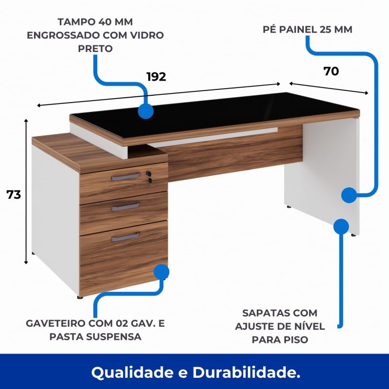 Mesa para Escritório com VIDRO FUMÊ – 1,92×0,70m – NOGAL SEVILHA/BRANCO – 34430 GSA MÓVEIS 3
