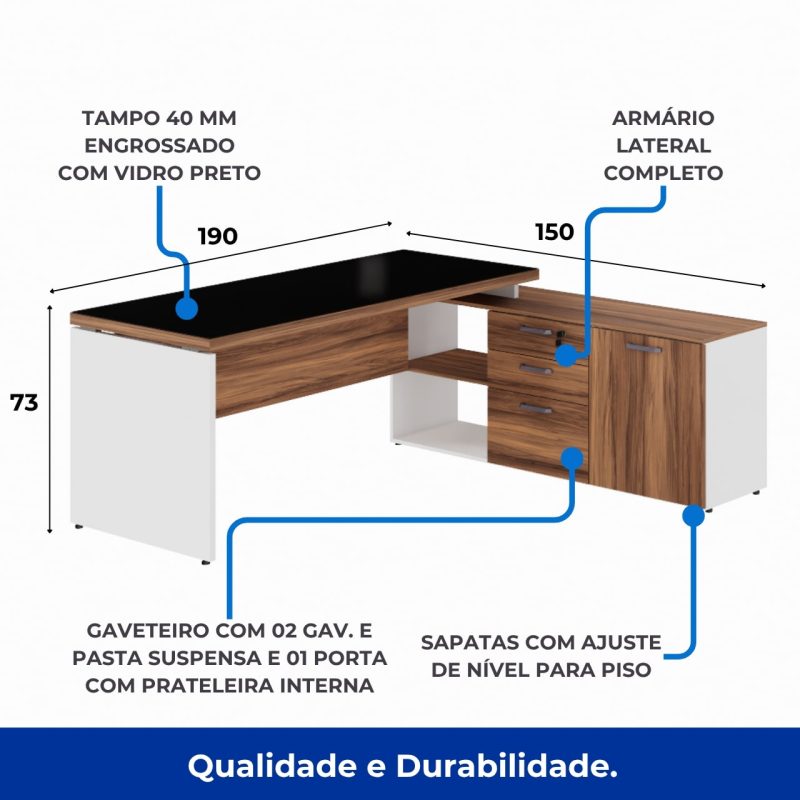 Mesa Diretorzinha c/ Aparador e Vidro Fumê – Pé de MADEIRA – 1,90×1,50m – NOGAL SEVILHA / BRANCO – 34429 GSA MÓVEIS 3