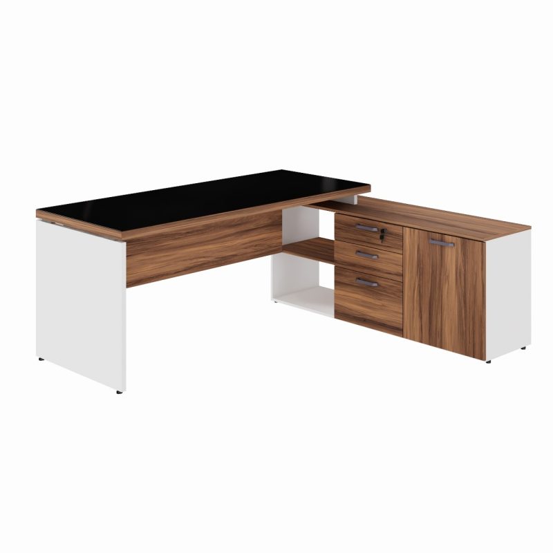 Mesa Diretorzinha c/ Aparador e Vidro Fumê – Pé de MADEIRA – 1,90×1,50m – NOGAL SEVILHA / BRANCO – 34429 GSA MÓVEIS 2