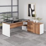 Mesa Diretorzinha c/ Aparador e Vidro Fumê – Pé de MADEIRA – 1,90×1,50m – NOGAL SEVILHA / BRANCO – 34429 GSA MÓVEIS 18