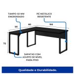 Mesa em L PÉ QUADRO (1,50×0,60m + Mesa Auxiliar) – S/ Gavetas – PRETO / PRETO – 26010 GSA MÓVEIS 14