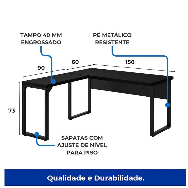 Mesa em L PÉ QUADRO (1,50×0,60m + Mesa Auxiliar) – S/ Gavetas – PRETO / PRETO – 26010 GSA MÓVEIS 6