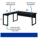 Mesa em L PÉ QUADRO (1,70×0,70m + Mesa Auxiliar) – S/ Gavetas – PRETO / PRETO – 26011 GSA MÓVEIS 14