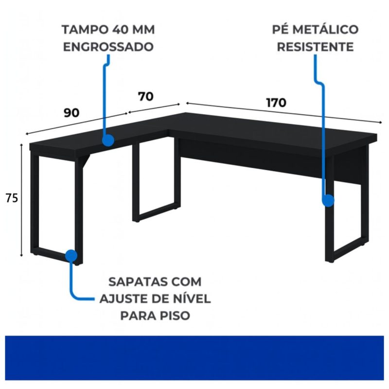 Mesa em L PÉ QUADRO (1,70×0,70m + Mesa Auxiliar) – S/ Gavetas – PRETO / PRETO – 26011 GSA MÓVEIS 6