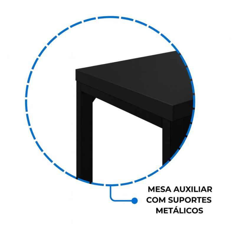 Mesa em L PÉ QUADRO (1,70×0,70m + Mesa Auxiliar) – S/ Gavetas – PRETO / PRETO – 26011 GSA MÓVEIS 9