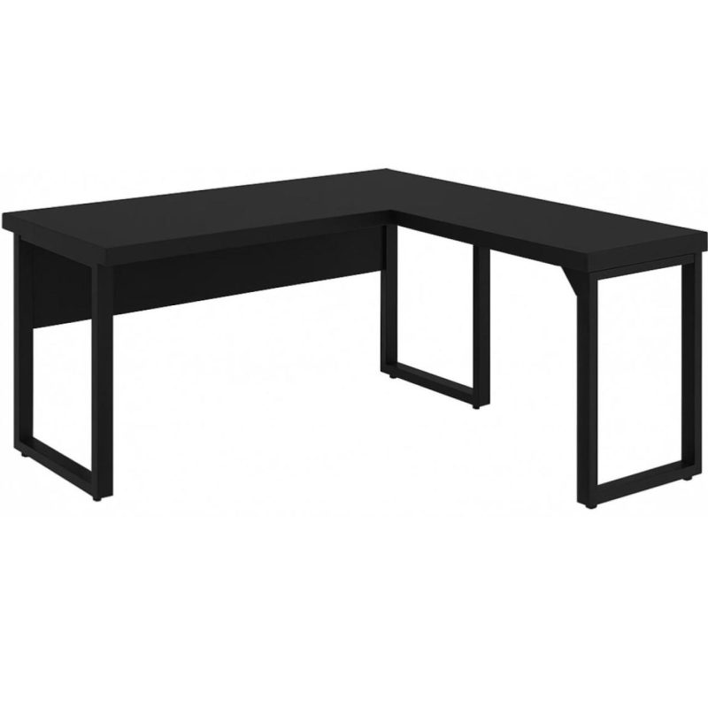 Mesa em L PÉ QUADRO (1,70×0,70m + Mesa Auxiliar) – S/ Gavetas – PRETO / PRETO – 26011 GSA MÓVEIS 2