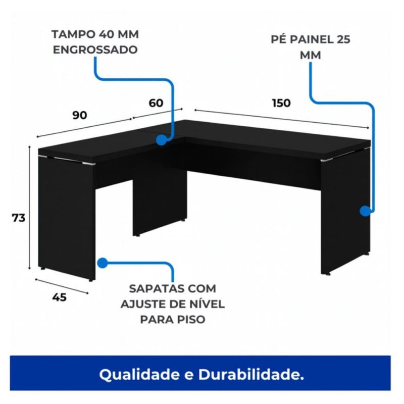Mesa em L PÉ PAINEL (1,50×0,60m + Mesa Auxiliar) – S/ Gavetas – PRETO / PRETO – 26012 GSA MÓVEIS 6