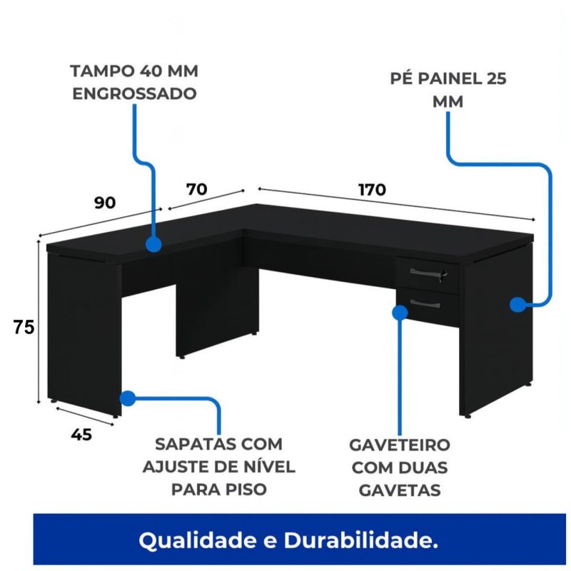 Mesa em L PÉ PAINEL (1,70×0,70m + Mesa Auxiliar) – S/ Gavetas – PRETO / PRETO – 26013 GSA MÓVEIS 8