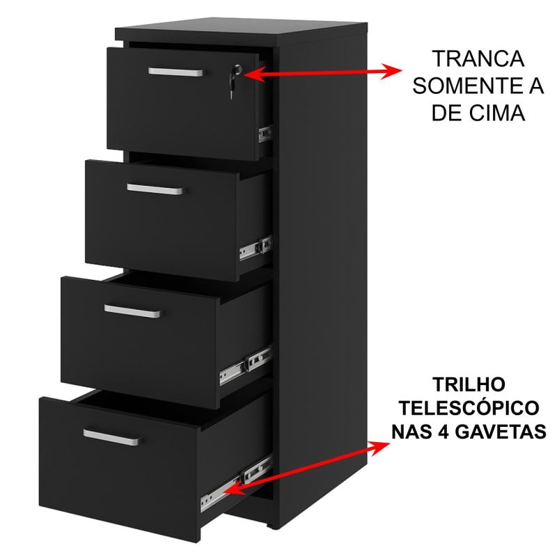 Arquivo de Madeira para Pasta Suspensa com 4 Gavetas – MDP PRETO – 26035 GSA MÓVEIS 4